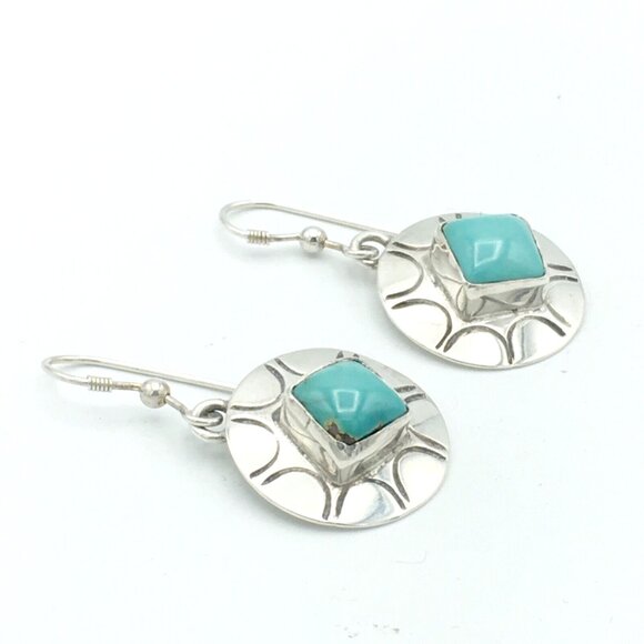 NATIVE AMERICAN turquoise & sterling silver concho earrings - signed HTS drop - Picture 5 of 7